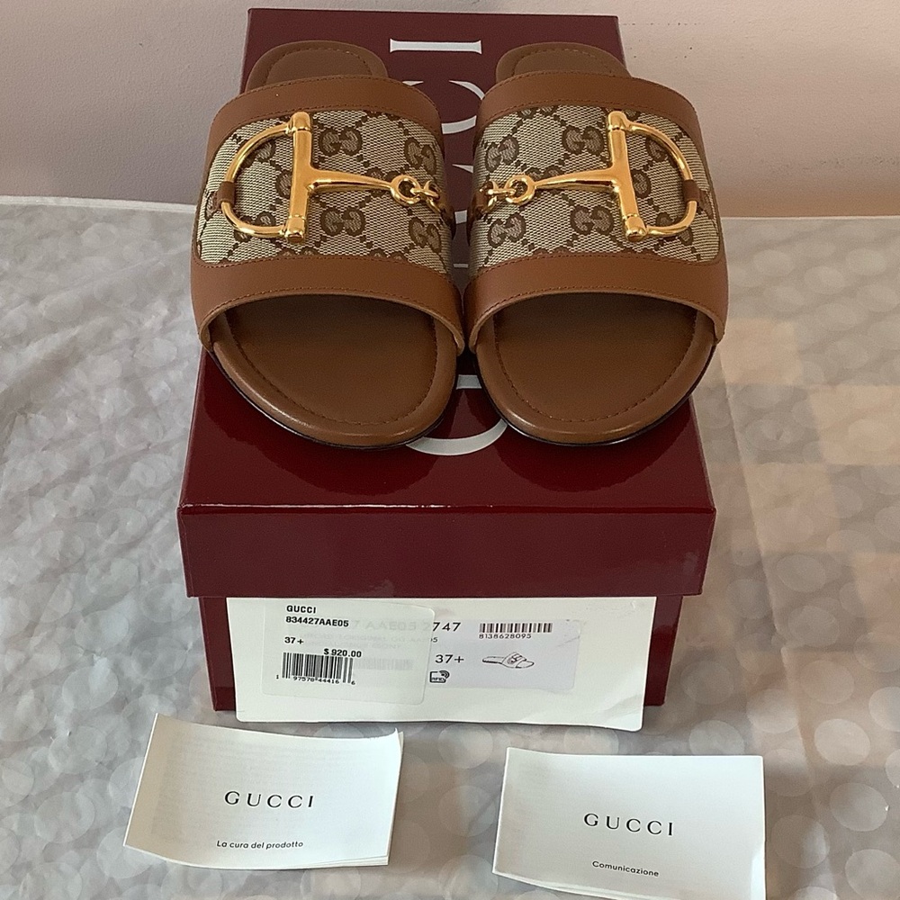 BNIB Gucci Alfa Gold Horsebit Brown GG Canvas Logo Leather Flat Slip Sandal 37.5 - Picture 4 of 12